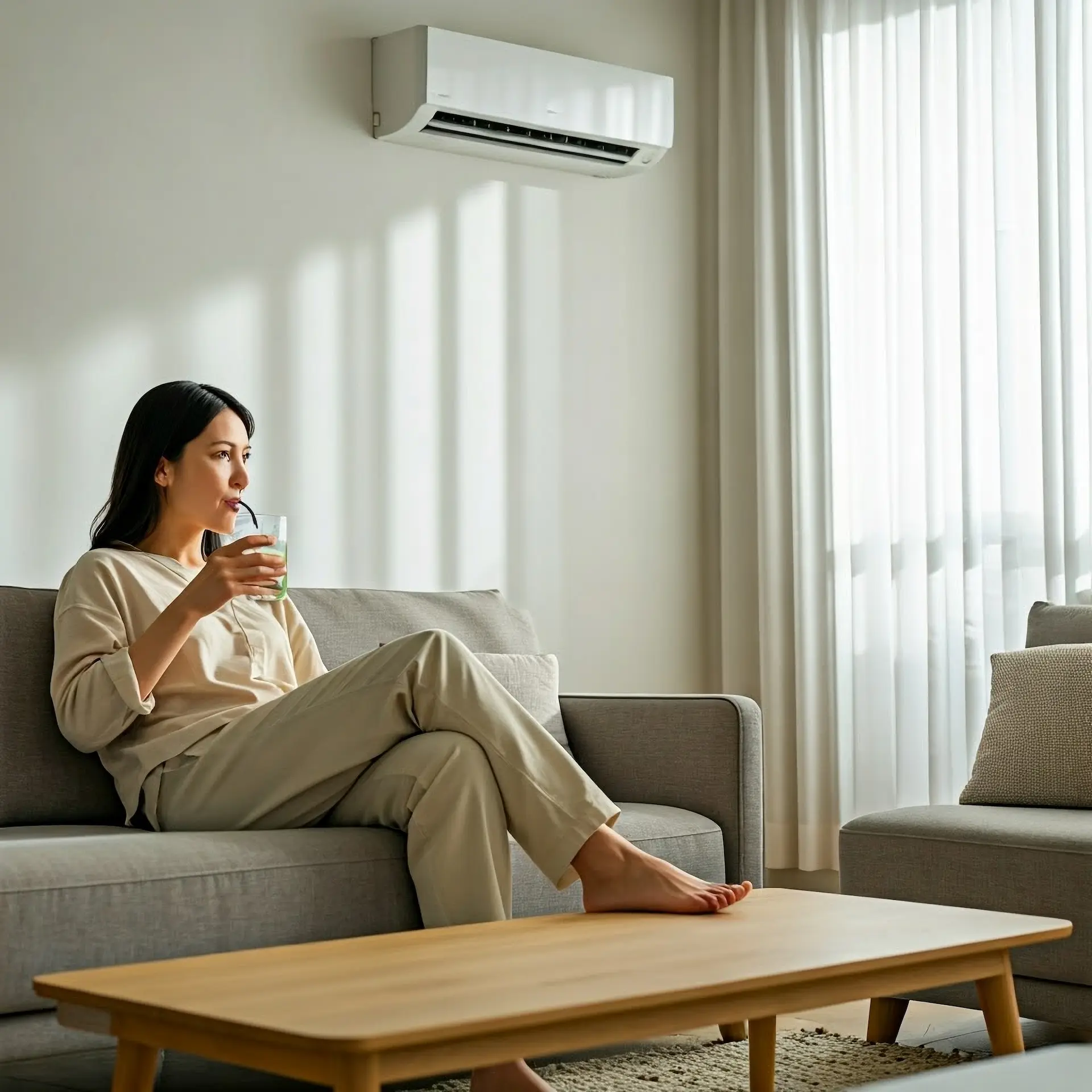 a relaxed person enjoying the ac unit in the background livingroom