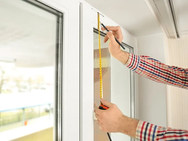 Man marking off window frame at home