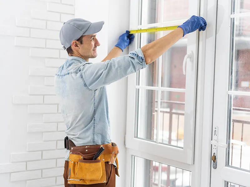 The worker installing and checking window in the house