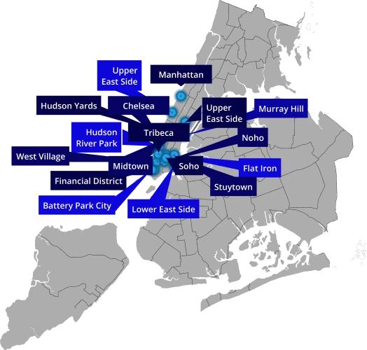 Map of New York City with the names of the servicing areas