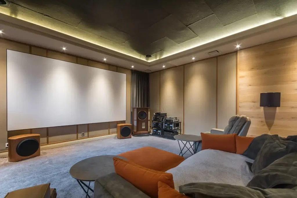 Luxury home theater room design showcasing optimal layout and screen size