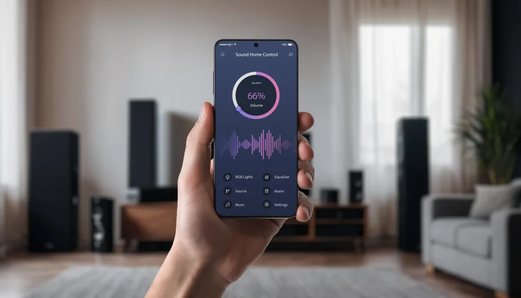 Hand holding smartphone, adjusting audio settings with visible speakers in a modern living room
