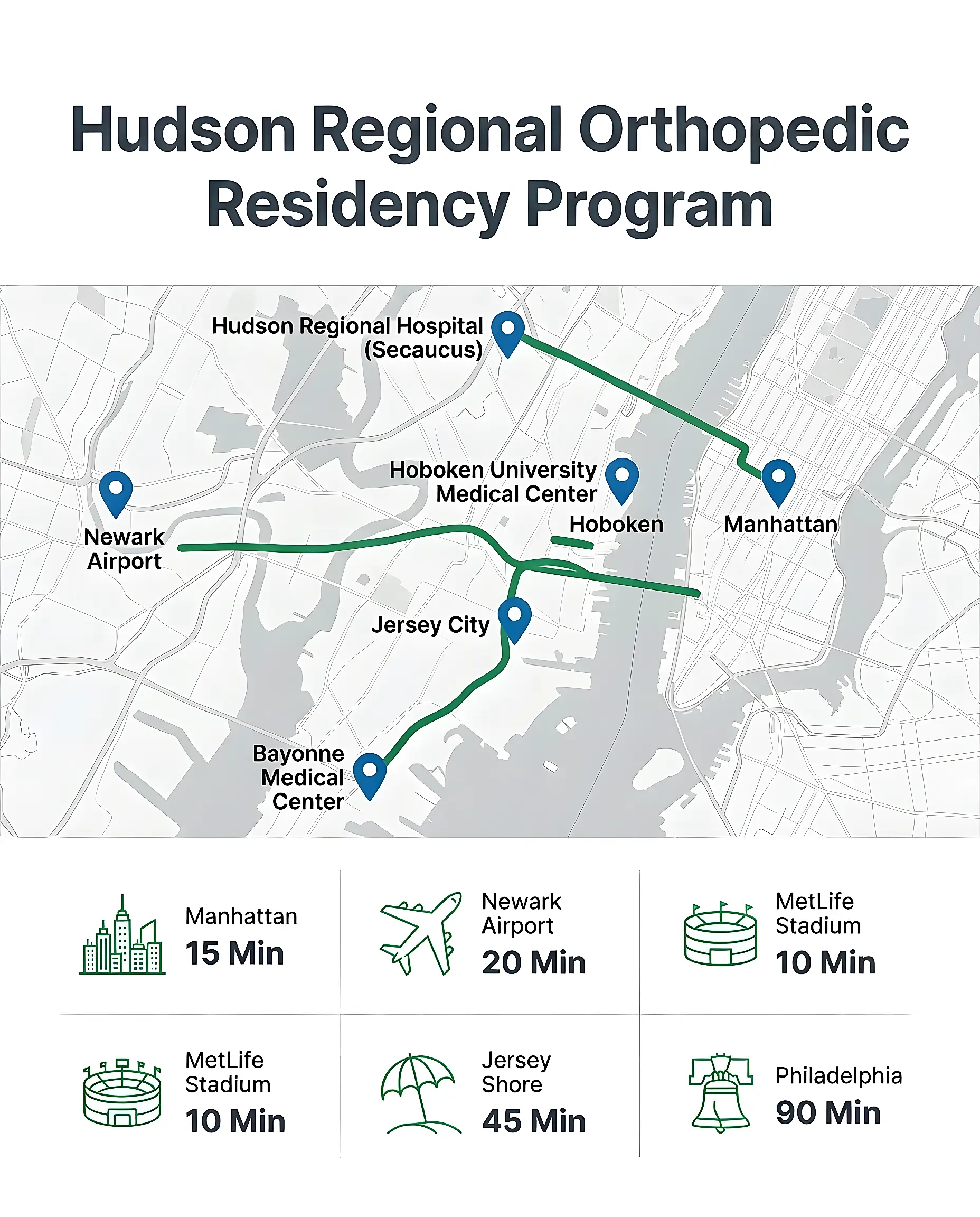 Map of Hudson Orthopedics training sites across the New York metro region
