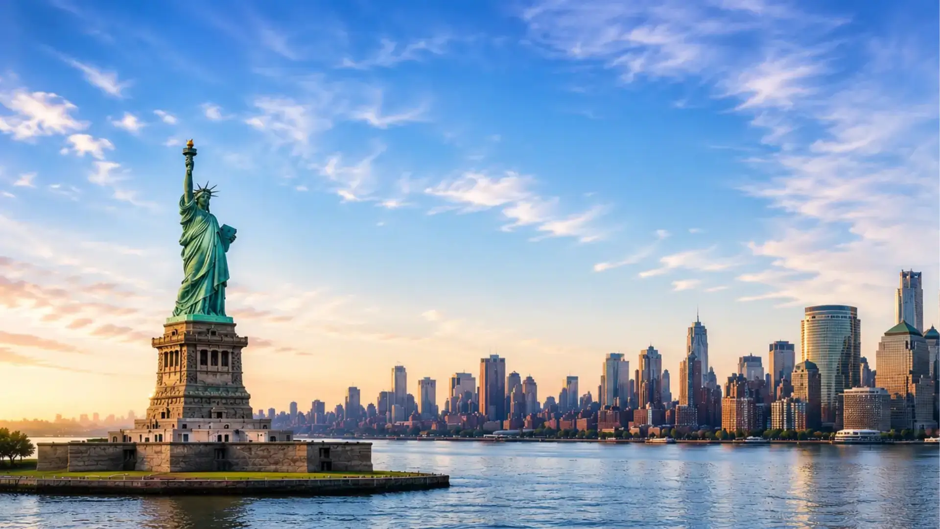 Statue of Liberty and Manhattan skyline over the Hudson River
